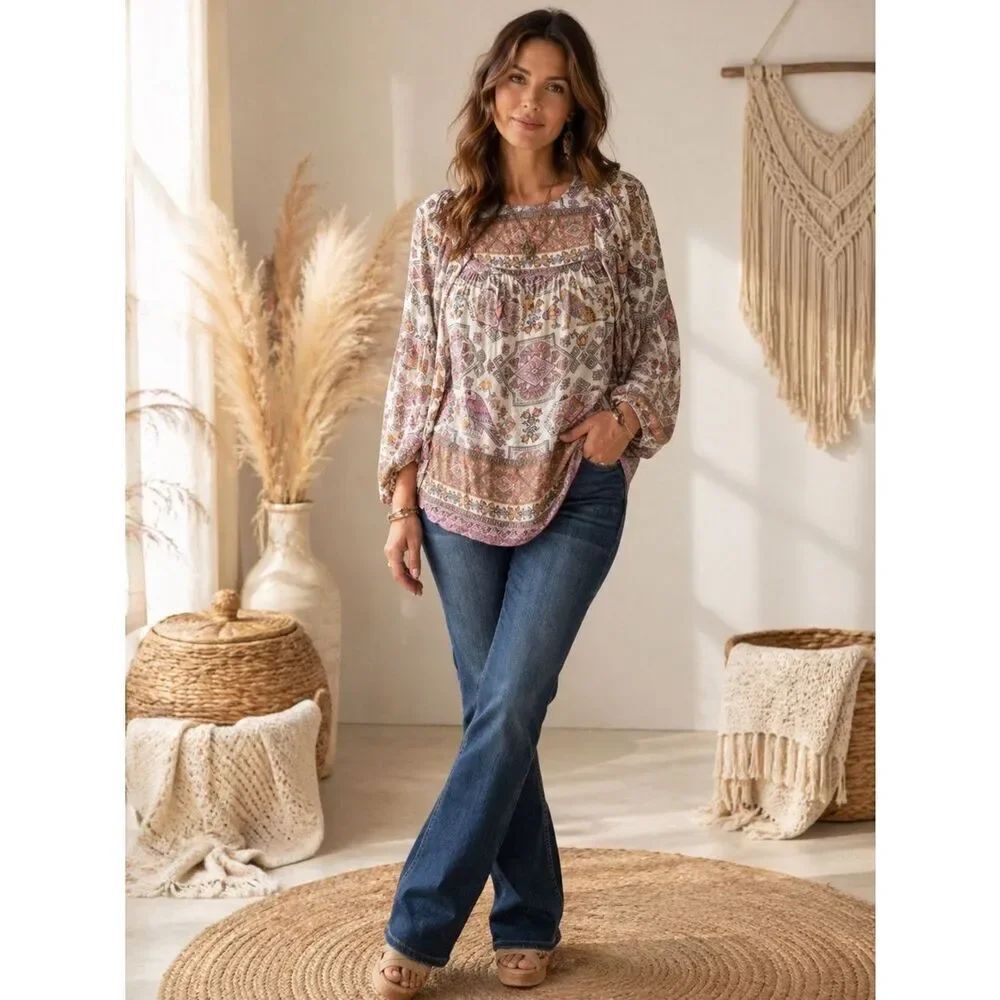 Anthropologie Neutral Floral Silk Long Boho Chic Blouse
